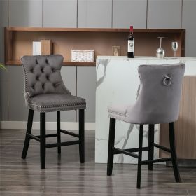 Contemporary Velvet Upholstered Barstools with Button Tufted Decoration and Wooden Legs, and Chrome Nailhead Trim, Leisure Style Bar Chairs,Bar stools