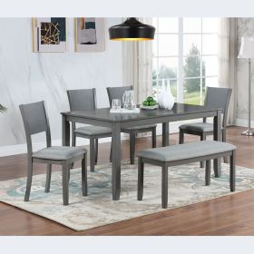 6 Piece Kitchen Dining Set, Rectangular Wooden Dining Table with 4 Upholstered Chairs and a Bench, Dining Table Set for 6 People, Living Room