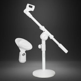 5 Core Desk Microphone Stand White ‚Ä¢ Adjustable Height Extendable Boom Arm ‚Ä¢ Table Mic Holder w Round Base Anti Slip Pad ‚Ä¢ Universal Mic Clip an