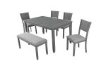 6 Piece Kitchen Dining Set, Rectangular Wooden Dining Table with 4 Upholstered Chairs and a Bench, Dining Table Set for 6 People, Living Room