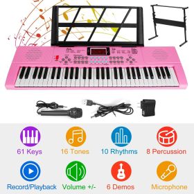 61 Keys Digital Music Electronic Keyboard Electric Musical Piano Instrument Kids Learning Keyboard w/ Stand Microphone (Color: Pink)